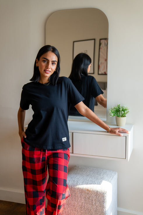 Women summer pajama set Black Tee + Red X Black Checkered Pants